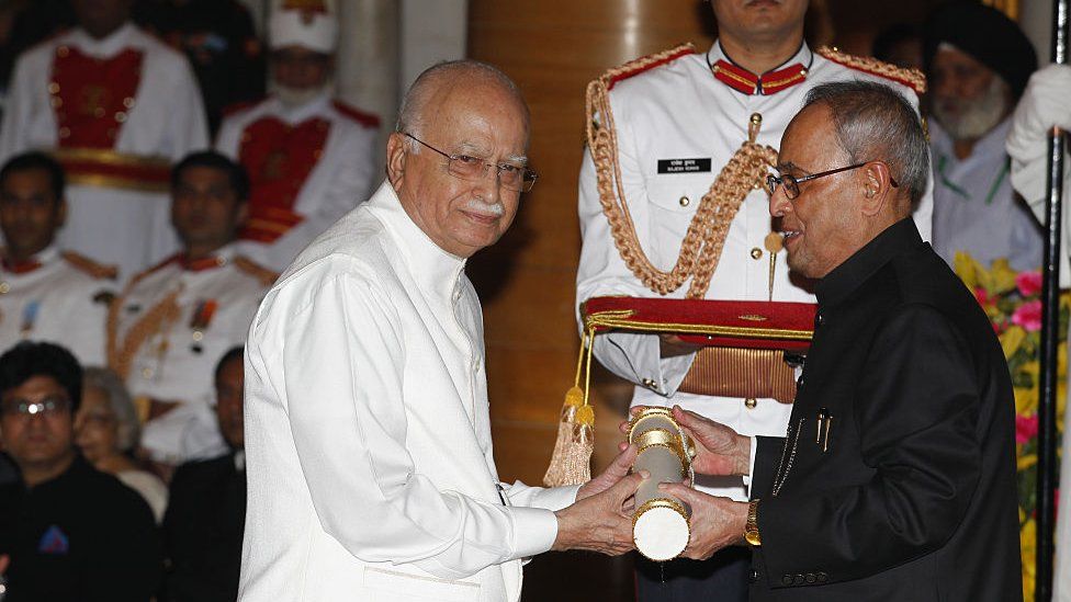 President Pranab Mukherjee presents Padma Vibhushan award to BJP Leader LK Advani during a Civil Investiture Ceremony at Rashtrapati Bhavan on March 30, 2015 in New Delhi, India.
