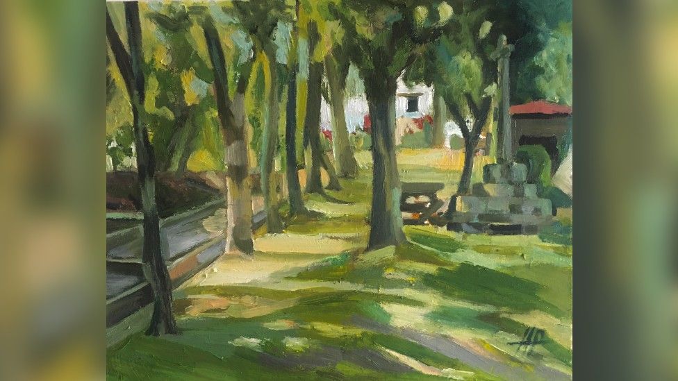 A green oil painting of trees