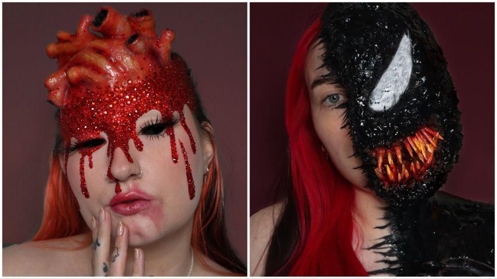 Split image of Beckii's makeup looks - one is a glittery prosthetic heart on her head and the other is a black glittery monster face