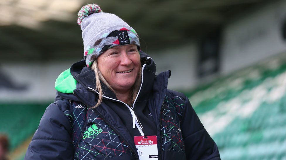 Karen Findlay, co-head Coach of Harlequins Ladies arrives at the stadium prior to the Tyrrells Premier 15s Final match between Saracens Women and Harlequins Ladies at Franklin's Gardens on April 27, 2019 in Northampton, England