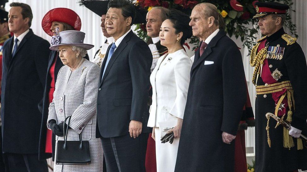 Prime Minister David Cameron, British Home Secretary Theresa May, Britain"s Queen Elizabeth II, Chinese President Xi Jinping, China"s First Lady Peng Liyuan and Britain"s Prince Philip, Duke of Edinburgh