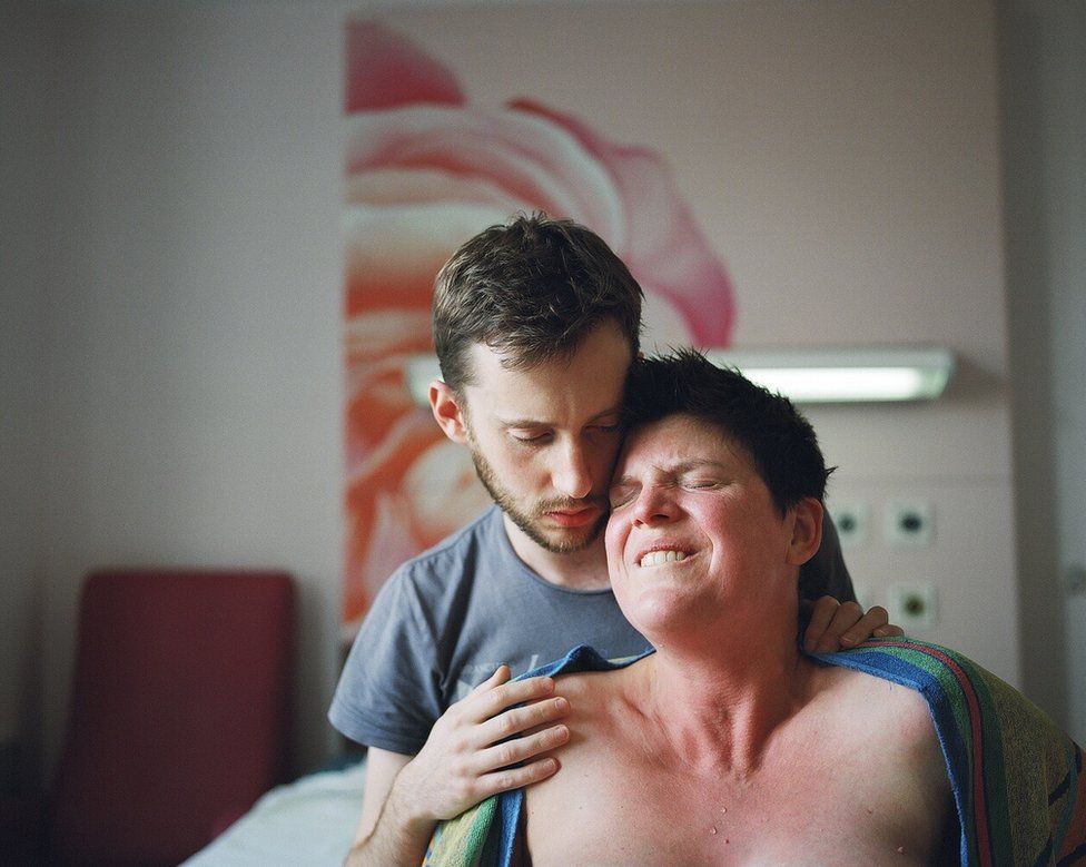 Ellen, 37, and her husband Andy, 28, during her labour at a birthing suite in Queen Elizabeth Hospital, Woolwich.