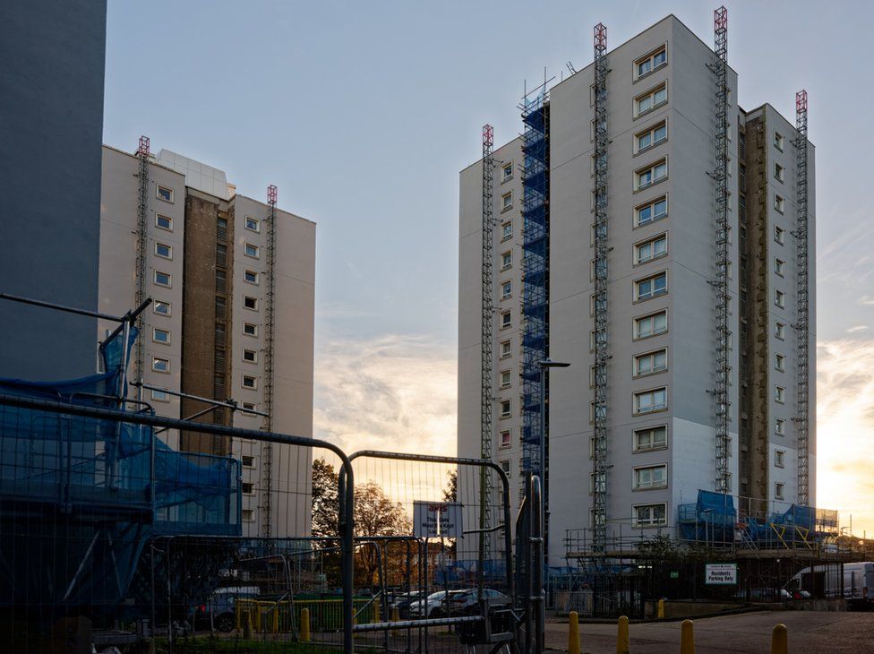 Scaffolding has been left on the towers amid a financial dispute between Thurrock Council and a contractor