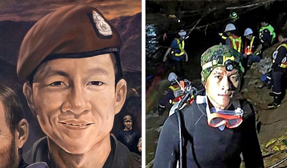 A mural image of diver Saman Gunan on the left side and a photo of Saman Gunan on the right side