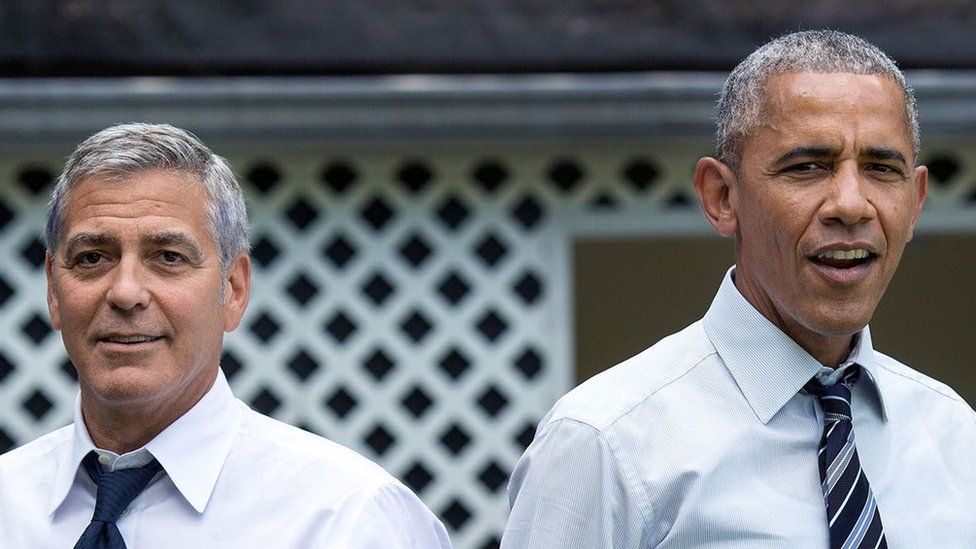 George Clooney and Barack Obama shoot hoops, September