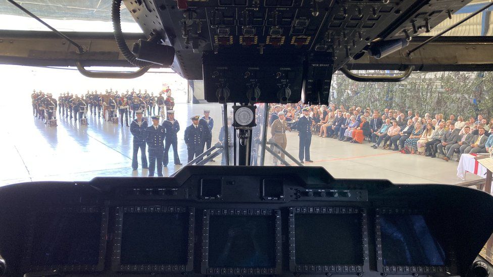 Inside the cockpit of the helicopter