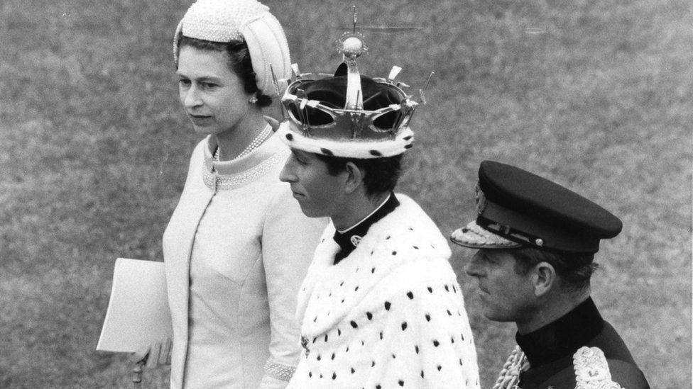 The duke and the Queen with Prince Charles at his investiture in Caernarfon Castle July 1969