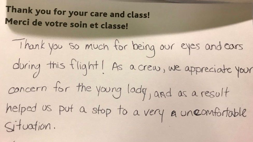 Cabin crew gave this appreciative note to journalist Joanna Chiu after she intervened on behalf of a harassed teenager