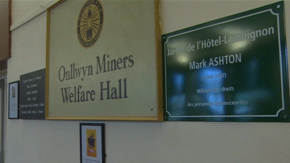 A plaque in tribute to Mark Ashton at Onllwyn Miners' Welfare Hall in south Wales