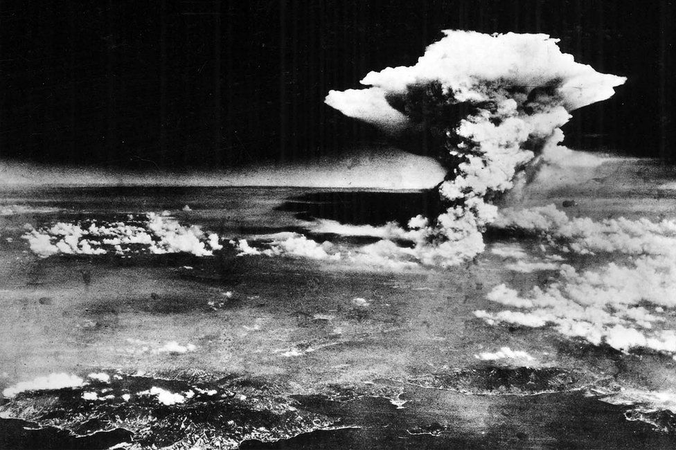 Mushroom cloud over Hiroshima on 6 Aug 1945