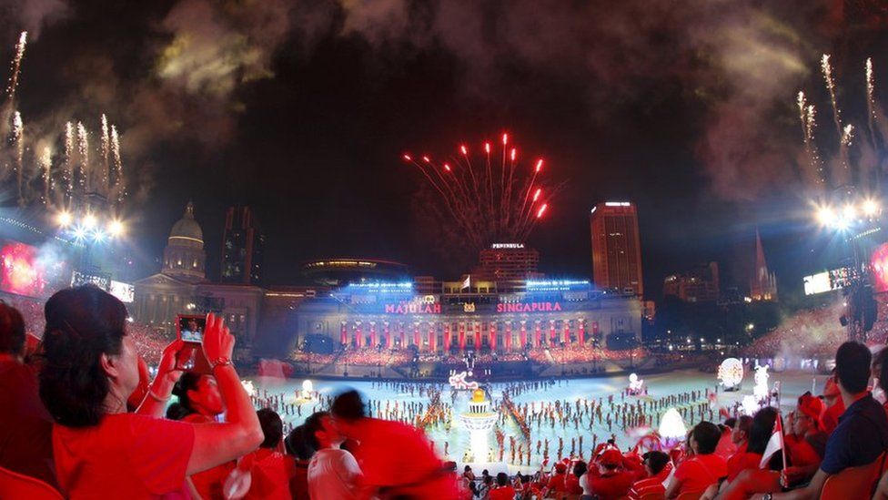 A fireworks display in Singapore marks independence day