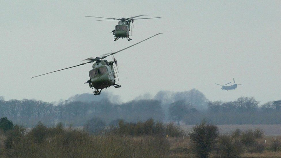 Military helicopters in flight