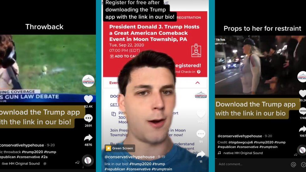 Screenshots of TikTok videos directing users to download the official Trump campaign app