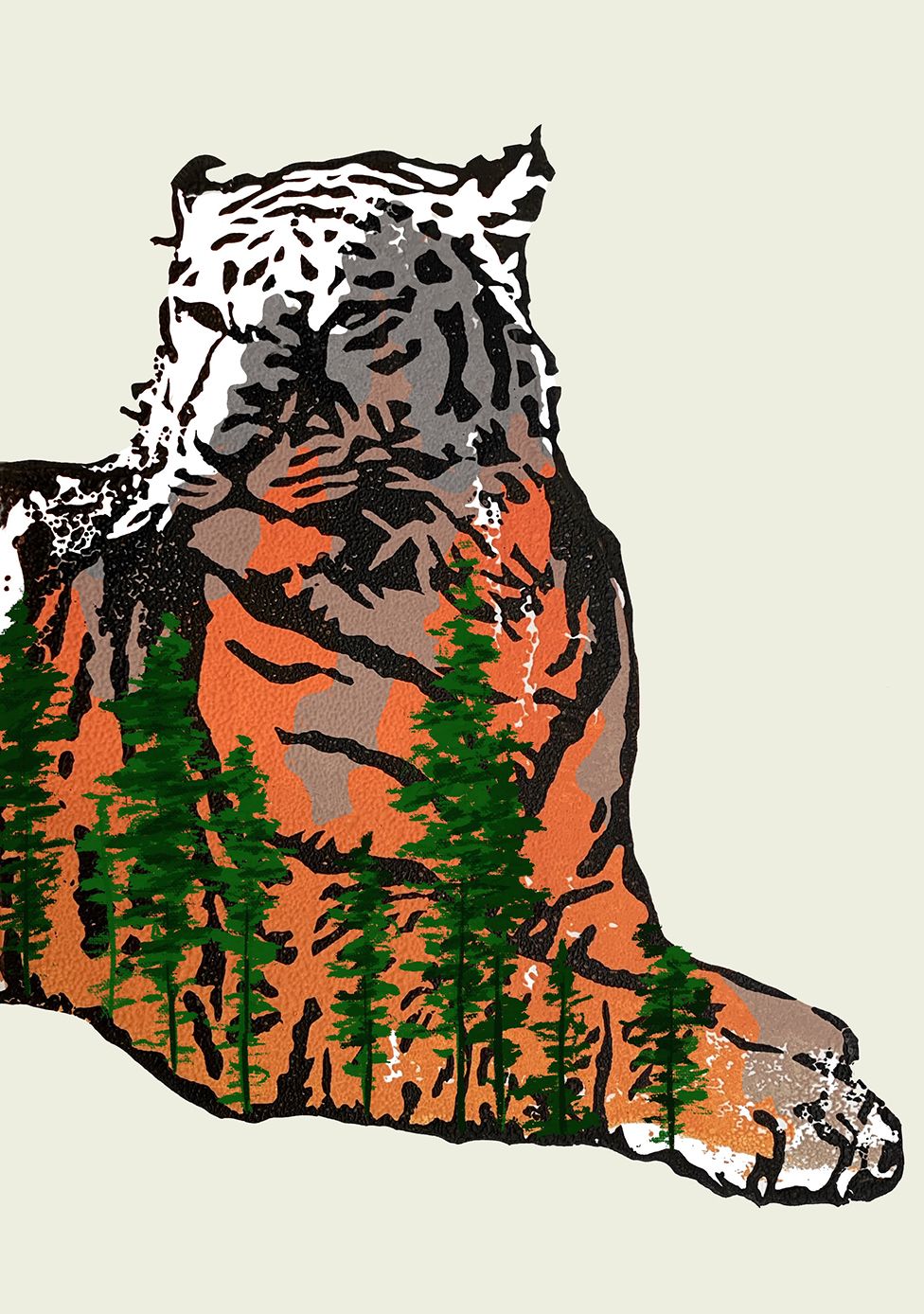 An animation of a tiger and the body shows a view of trees and wildfire