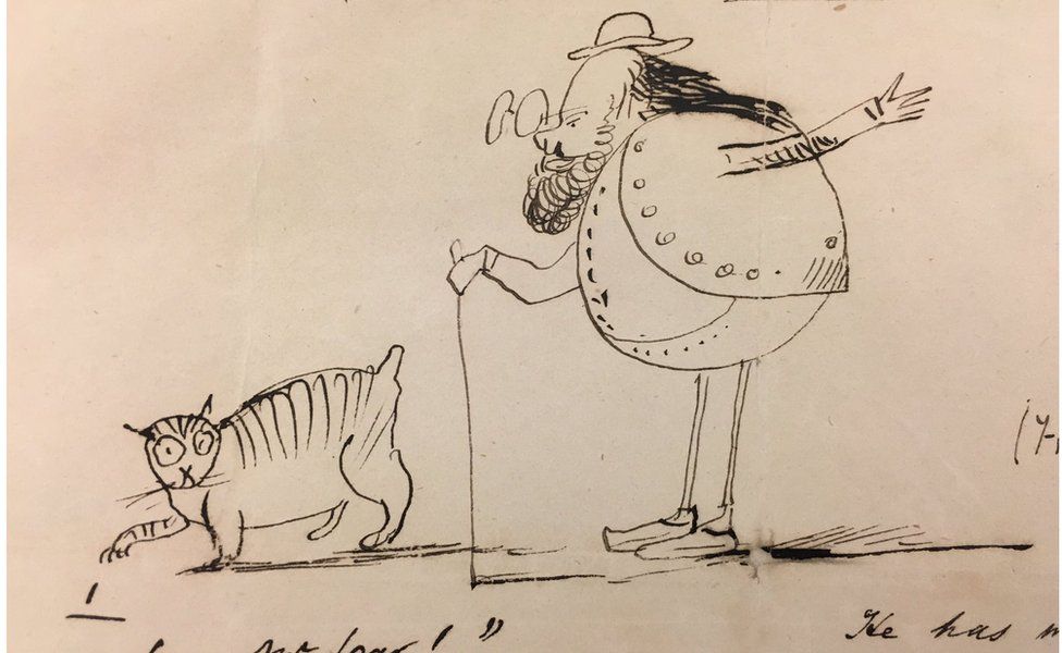 Cartoon sketch of Edward Lear and his cat