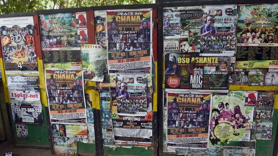 Posters advertising reggae gigs in Accra, Ghana - archive shot 2016