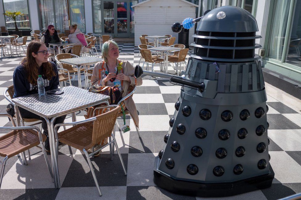 A Dalek interacts with visitors on day one of the Scarborough Sci Fi weekend on April 20, 2024 in Scarborough, England.