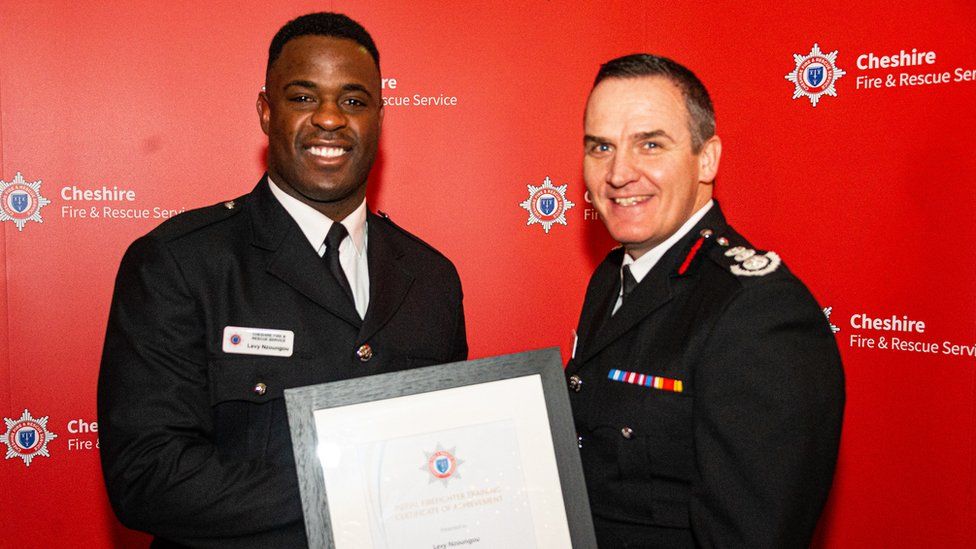 Levy Nzoungou and Cheshire Chief Fire Officer Alex Waller