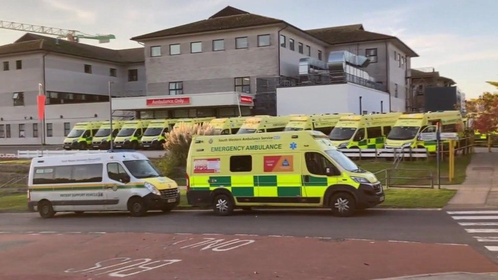Ambulances parked outside Royal Cornwall Hospital