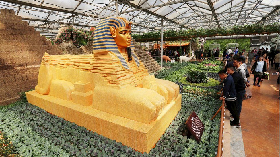 A replica sphinx, partly made of cereals, is seen during a horticultural exhibition in Shouguang, Shandong Province, China, 20 April 2016.