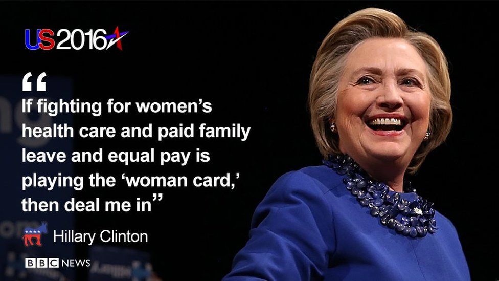 Photo of Hillary Clinton with quote: "If fighting for women's health care and paid family leave and equal pay is playing the 'woman card' then deal me in"