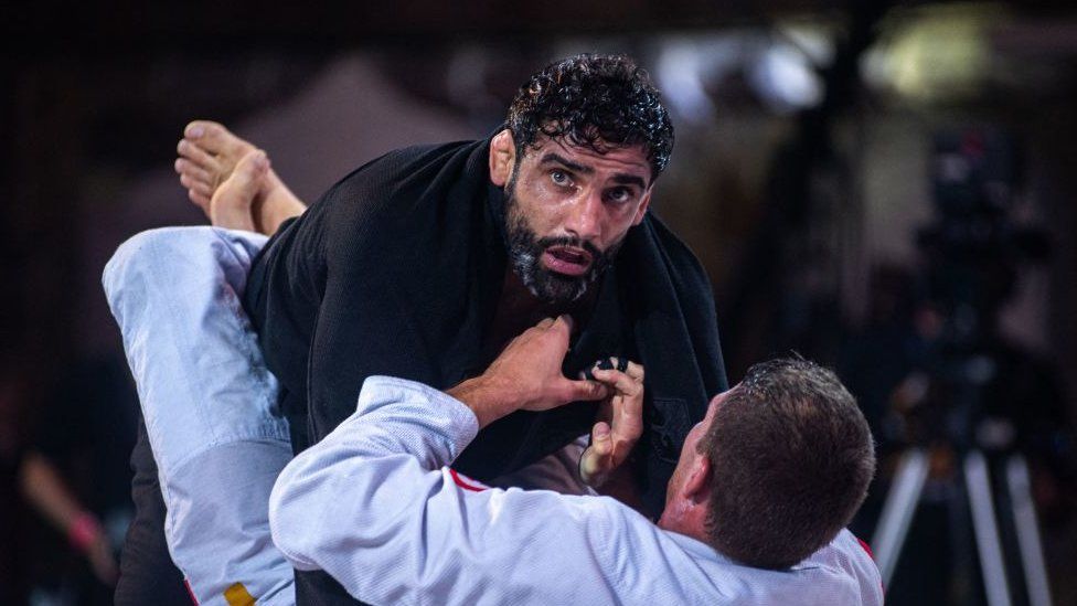 Brazil's jiu-jitsu champ Leandro Lo competes during the BJJBET Selection competition in Sao Paulo, Brazil, on August 2, 2021.