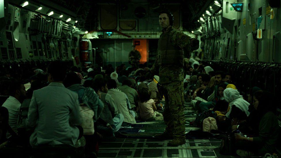 A military flight preparing to evacuate Afghans from Kabul in August