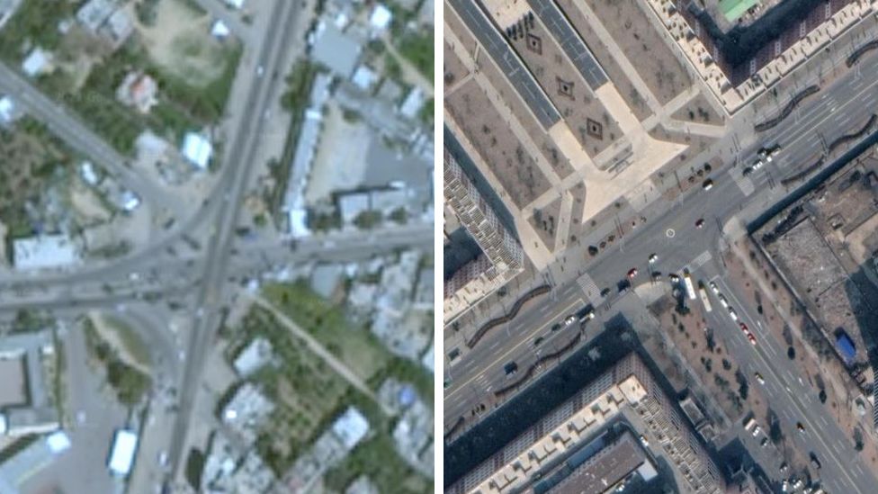 Google Earth image of Gaza on the left, and on the right an image of Pyongyang, North Korea.