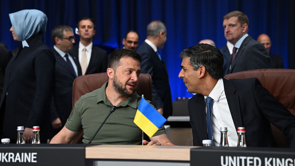 Ukraine's President Volodymyr Zelensky and Prime Minister Rishi Sunak attend a meeting of the inaugural Nato-Ukraine Council pm Wednesday