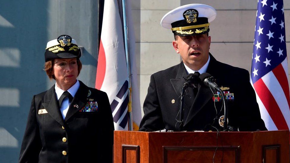 Matt Kawas, commanding officer of the USS Fort Worth (LCS 3), speaks during a media tour on board, at a naval port in Busan, March 14, 2015.