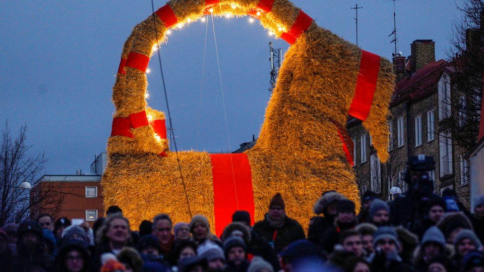 The traditional Christmas goat is inaugurated in Gavle, Sweden, 27 November 2017.