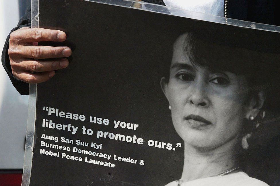 A protestor demonstrate against Aung San Suu Kyi's detention in June 2003