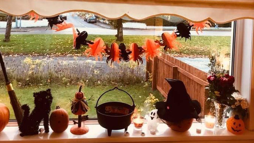 Halloween decorations on a window