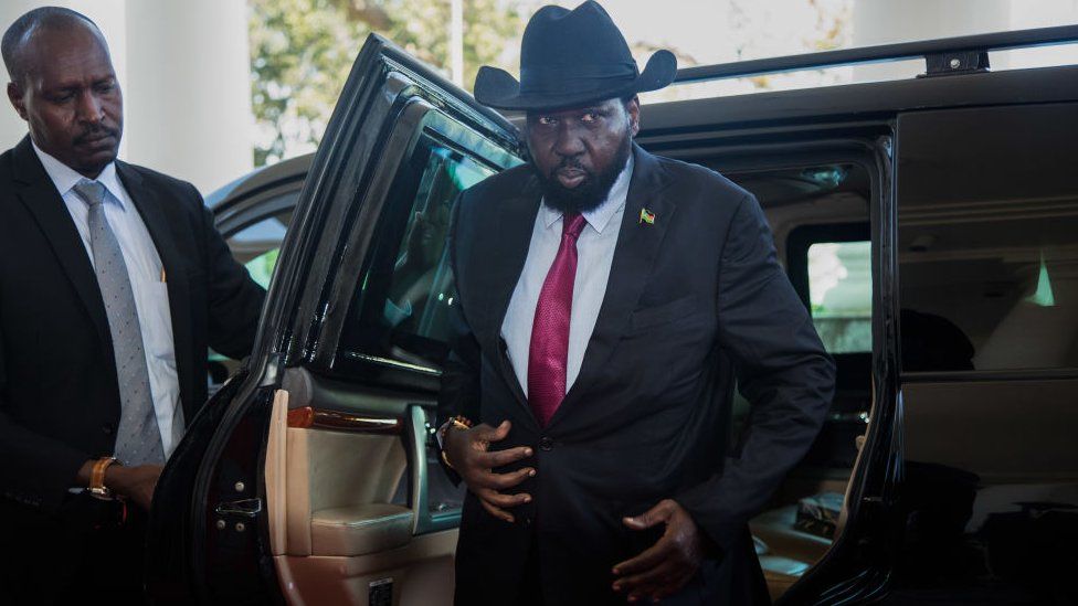 South Sudan President, Salva Kiir arrives at Uganda's statehouse in Entebbe on 7 July 2018