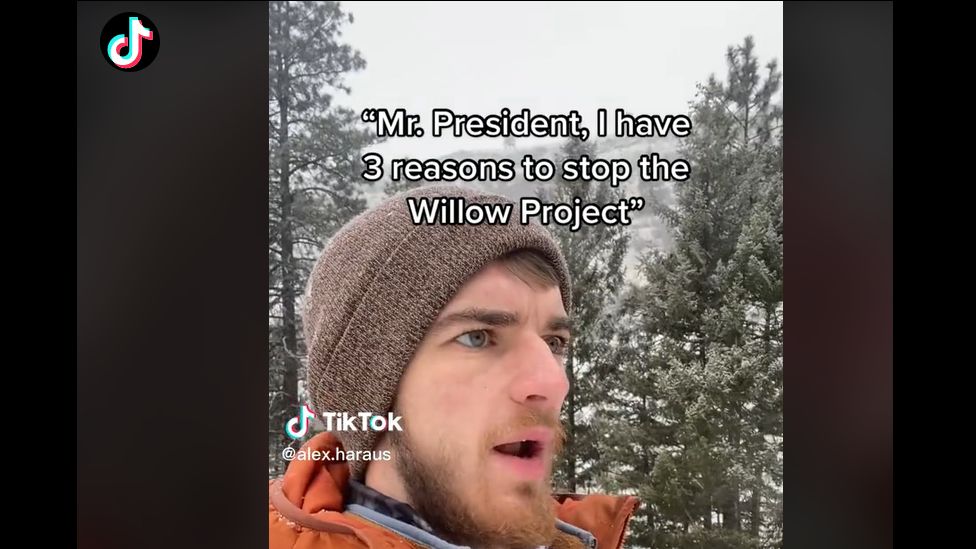 TikToker Alex Haraus stands in forest with snow all around. Caption reads "Mr President. I have 3 reasons to stop the Willow Project".