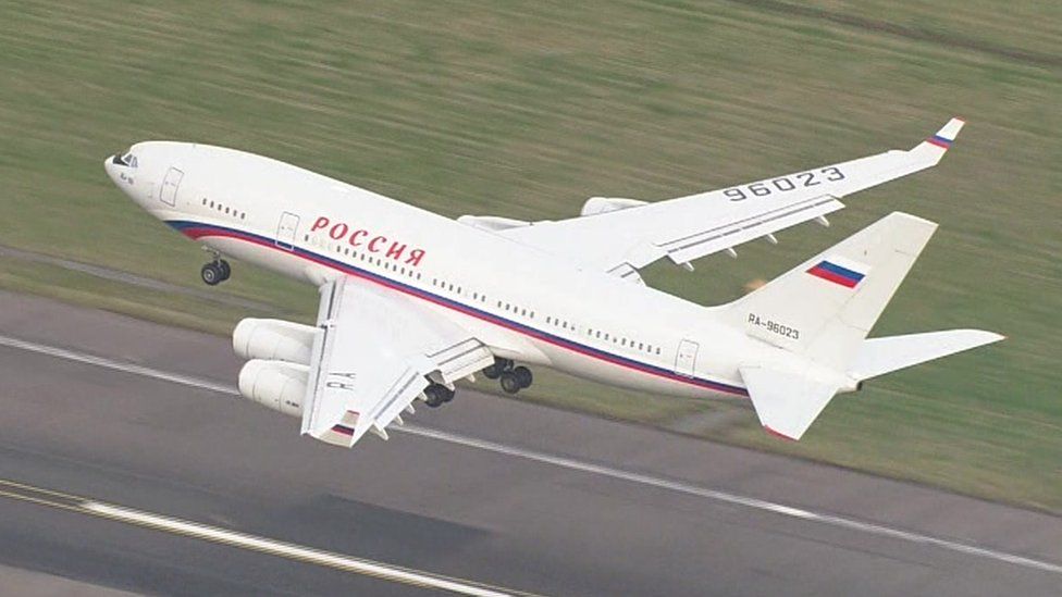 A Russian plan departs Stansted Airport