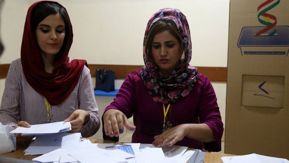 Kurdish electoral officials count votes from an independence referendum in Irbil, northern Iraq (25 September 2017)