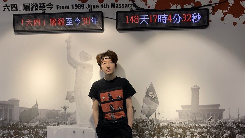 Horror Zoo pictured in front of an image of the Tiananmen Square protests