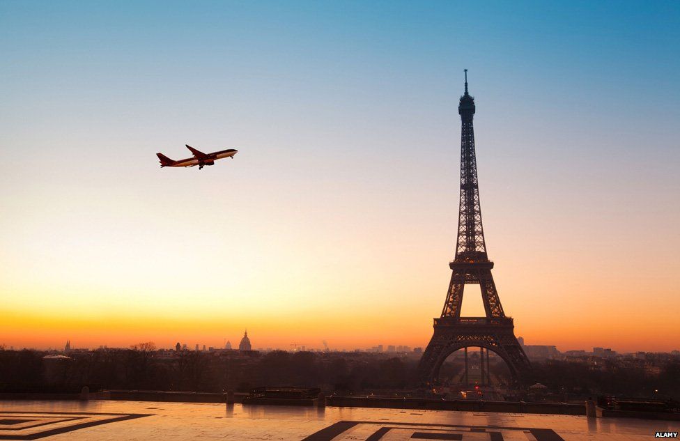 Plane flying past Eiffel Tower