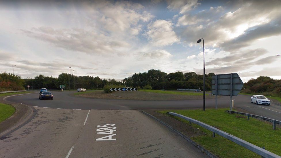 Roundabout where the A485 joins the A40 in Carmarthenshire