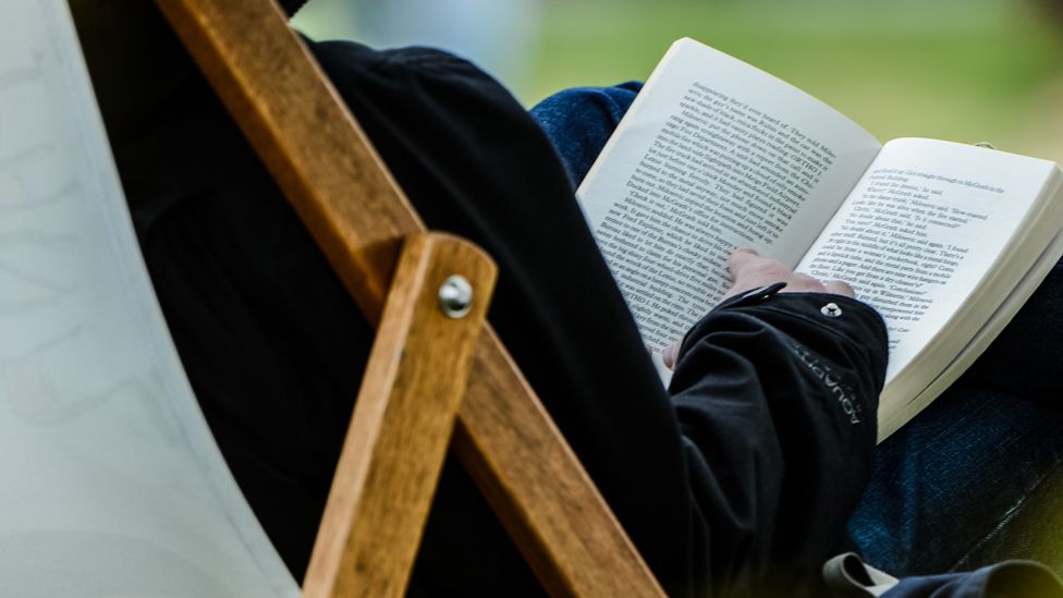 Back view of man reading paperback on deckchair
