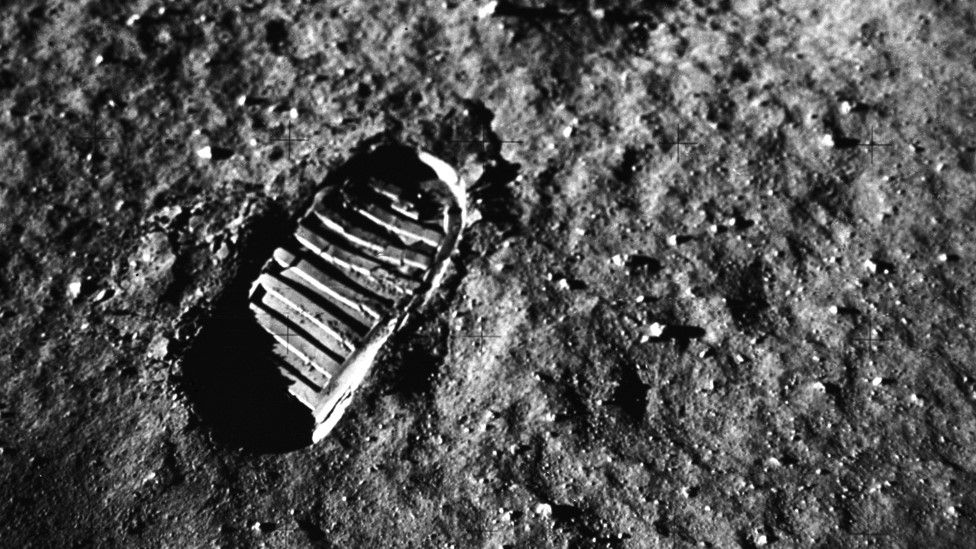 Footprint in the dust on the surface of the Moon, taken during the Apollo 11 mission