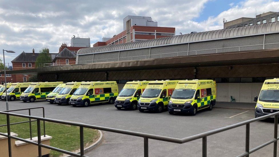 Ambulances parked outside Leicester Royal Infirmary