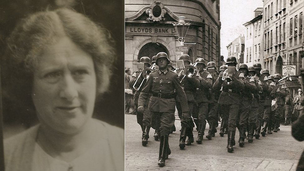 Miriam Jay's picture from her occupation id and a German band marches through Guernsey's St Peter Port High Street