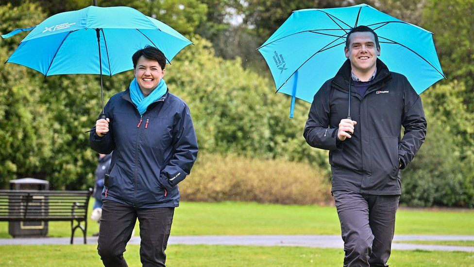 Scottish Conservative party leader Douglas Ross and Former Leader Ruth Davidson campaign during the Scottish Parliament election in May 2021
