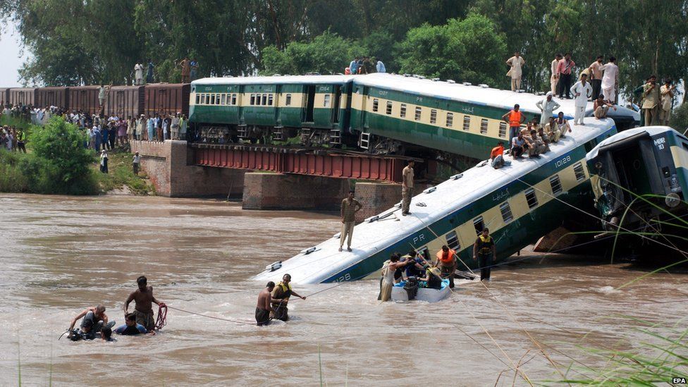 Security officials rescue passengers after a train dreailed into a canal near Gujranwala, 80 kilometers north of Lahore, Pakistan, 02 July 2015.