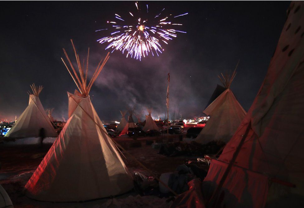 Fireworks at a Native American protest camp