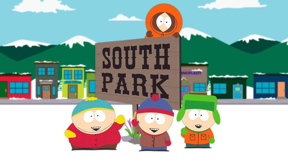 South Park cartoon characters (l-r) Eric Cartman, Stan March and Kenny McCormick.