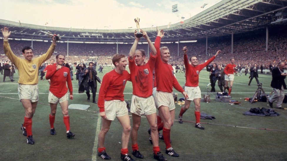 England players celebrate their 1966 World Cup win at Wembley
