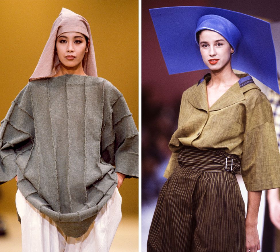 Models at Issey Miyake fashion shows in Paris, France, in 1984 and 1987